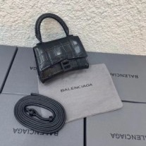 Geantă de mână Balenciaga Mini Hourglass Din Piele Reliefată Crocodil Neagră