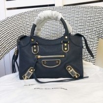 Balenciaga Mini Klasik Şehir Omuz Çantası Metalik Kenar Keçi Derisi Lacivert