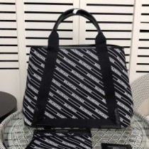 Balenciaga Medium Navy Cabas Aus Gestreiftem Leinwand Mit Logo Schwarz