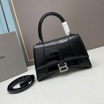 Borsa Balenciaga Hourglass in pelle goffrata coccodrillo Nero/Argento