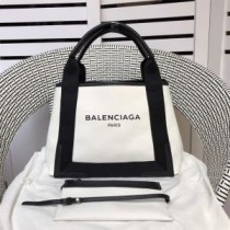 Balenciaga Cabas piccola blu scuro in tela bianca