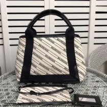 Balenciaga Pequeno Navy Cabas em lona listrada com logotipo Branco