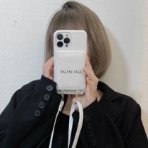 Capa para iPhone Balenciaga Cash com porta-cartões e alça em couro de bezerro granulado branco