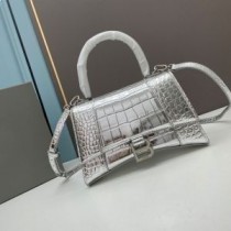 Balenciaga timeglashåndtaske i krokodillepræget læder sølv