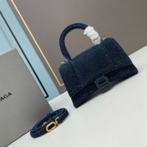 Balenciaga XS Timeglas Håndtaske Med Krystaller I Kalveskind Marineblå