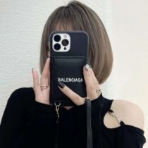 Cás iPhone Airgid Balenciaga Le Sealbhóir Cárta Agus Strap I Craiceann Calf Dubh Gránna