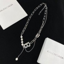 バレンシアガ B ダブルチェーンネックレス パール付き シルバー