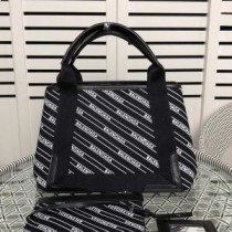 Balenciaga Petit Cabas Bleu Marine En Toile Rayée Logo Noir