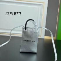 Balenciaga Mini Shopping Telefonholder I Saffiano Kalveskinn Sølv